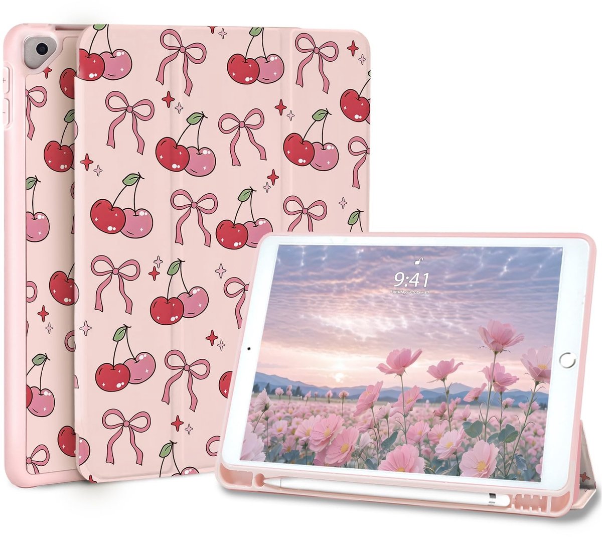 Omgoods - Cute Bowknot Case voor iPad 9/8/7 Gen - Trifold Stand met Penhouder en Kersenpatroon