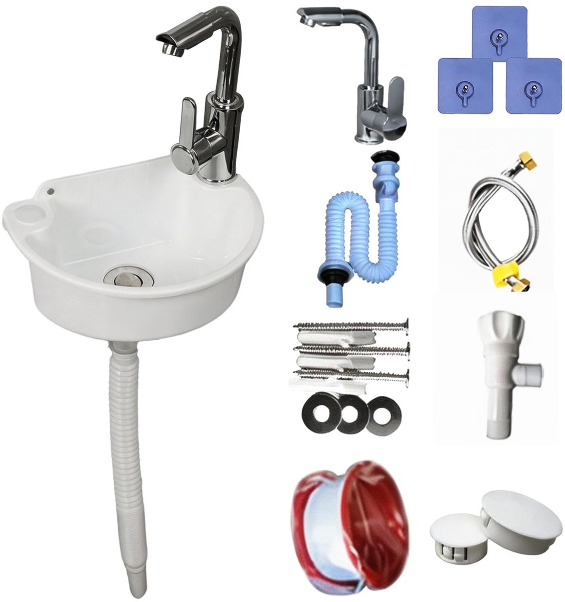 Omgoods - Plastic Wastafel Set met Kraan - Wandgemonteerde Halve Wastafel voor Badkamer en Tuin