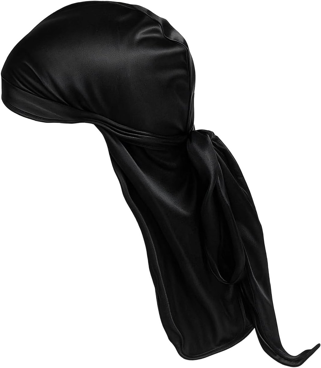 Zijde, Durag van zijde, elastisch, ademend, sneldrogend, voor mannen en vrouwen, hiphop-decoratie, zwart