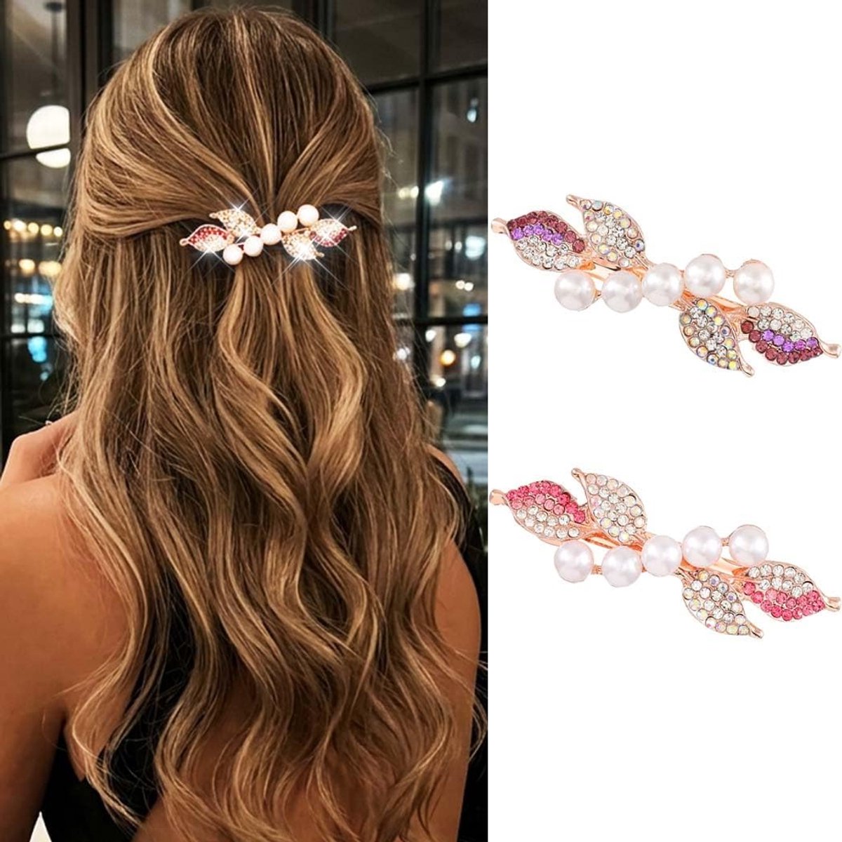 Klemmen, goudkleurige metalen haarklем met strass-steentjes, haarklemmen, haaraccessoires voor dames (paars+roze)