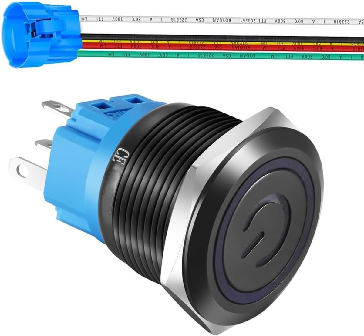 22mm Roestvrijstalen Vergrendelbare Drukknopschakelaar 110V-220V/5A Power Symbol LED 1NO1NC SPDT ON Off Waterdichte Tuimelschakelaar met Draadstekker (blauw LED/zwarte schaal)