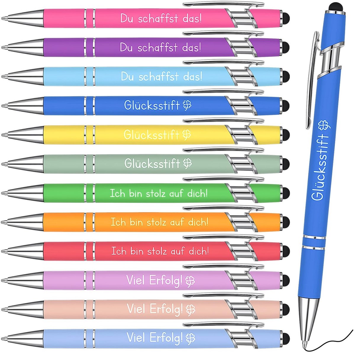 Omgoods- Balpennen met Gravure - 24 Stuks - Metalen Pennen - Inspirerende Citaten - Praktisch Clip-Design - 14 cm Lang - Schrijfpennen