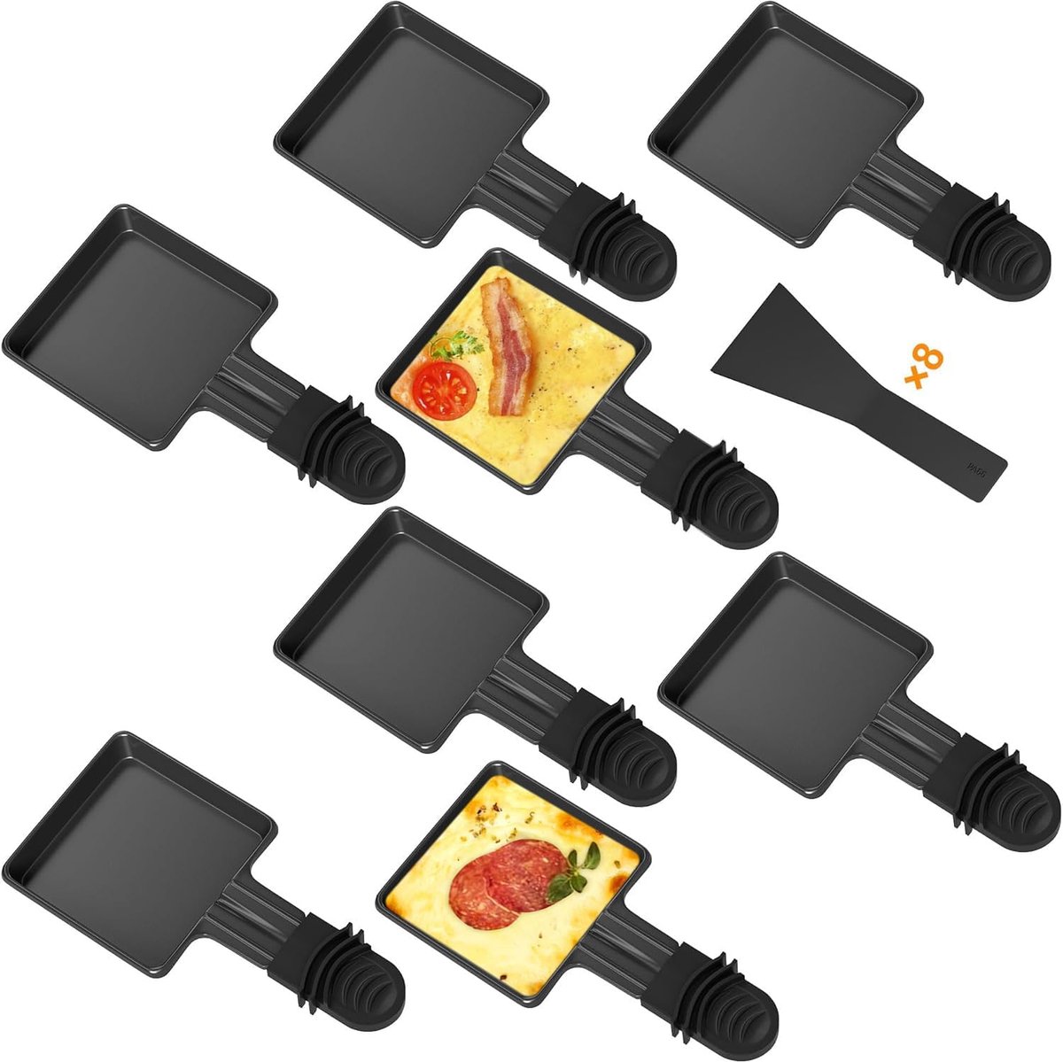 Raclette-pannetjes, 8 stuks mini-pannetjes, vervanging voor raclette, antiaanbaklaag, grillpannetjes, accessoires met 8 nylon schepjes, vaatwasmachinebestendig