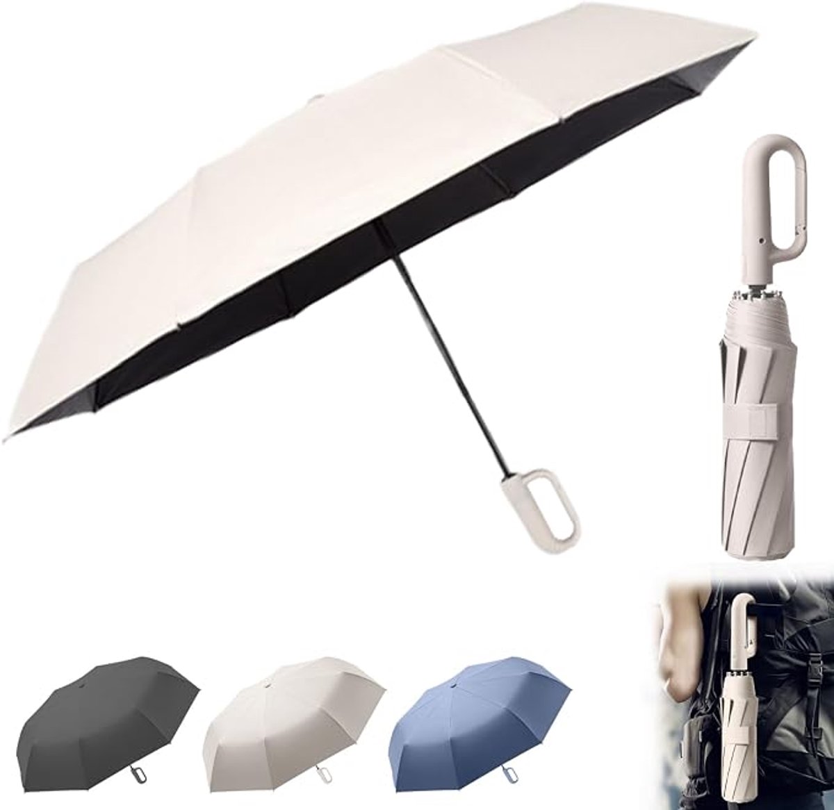 KZQ Automatisch Inklapbare Paraplu Met Karabijnhaak Lichtgewicht Compact Upf 50 Zon En Regenbestendig 8 Baleinen Unisex