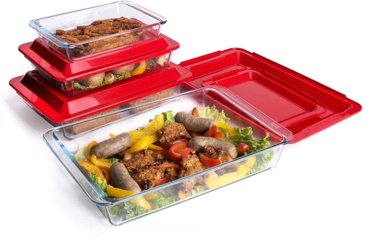 Omgoods - Set van 8 Rectangulaire Tempered Glass Bakvormen met Deksel