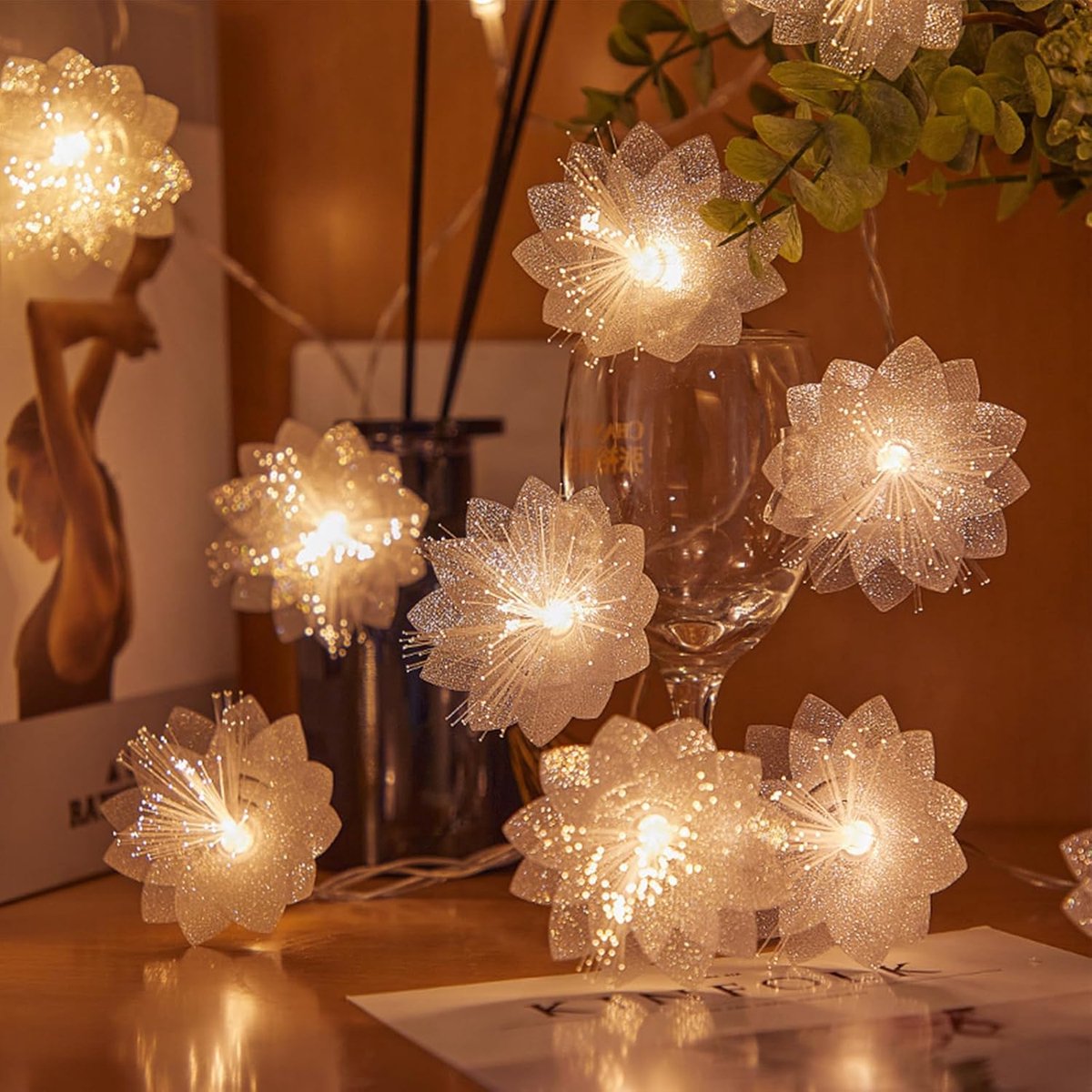 Bloemenlichtsnoer, 2 m, 10 leds van glasvezel, warmwit, voor bruiloft, Kerstmis, tuin, feestdecoratie, binnen
