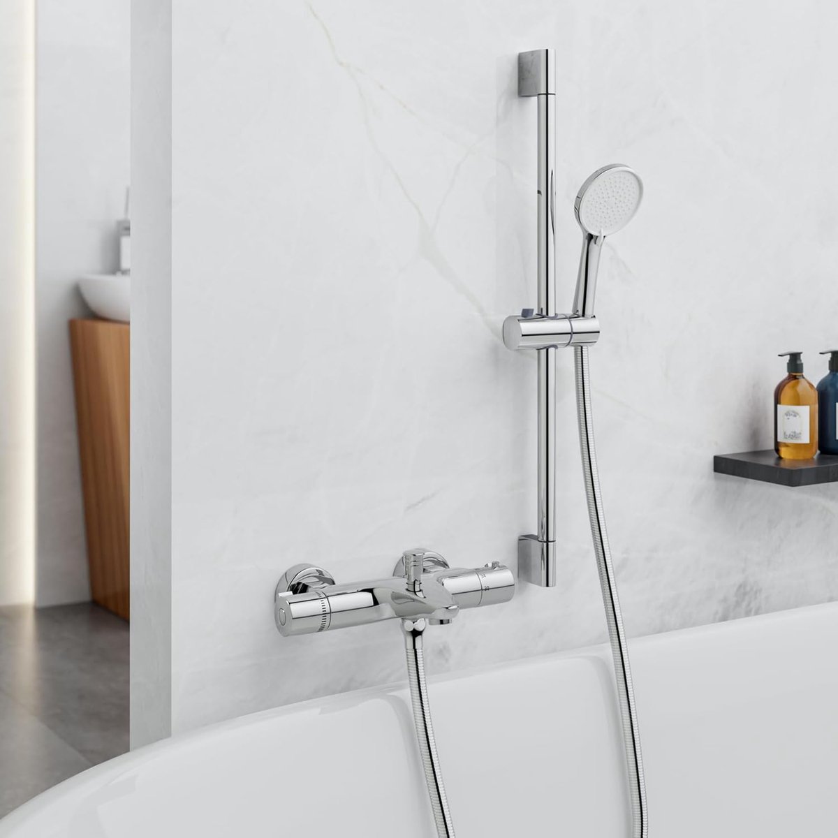 Thermostatische Douch Mixer Tap Set met Handdouch en Douche Rail 70cm, 1,5m Slang, Wandmontage