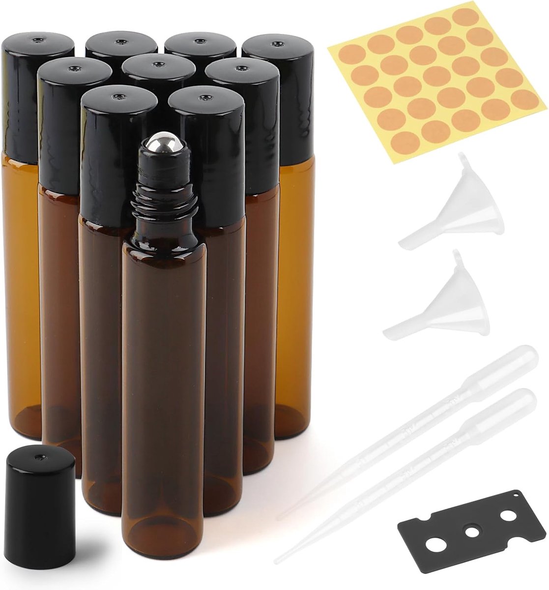 10 stuks 10 ml lege glazen flessen voor etherische olie, roestvrijstalen rol, trechter, flesopener, etiketten en pipetten