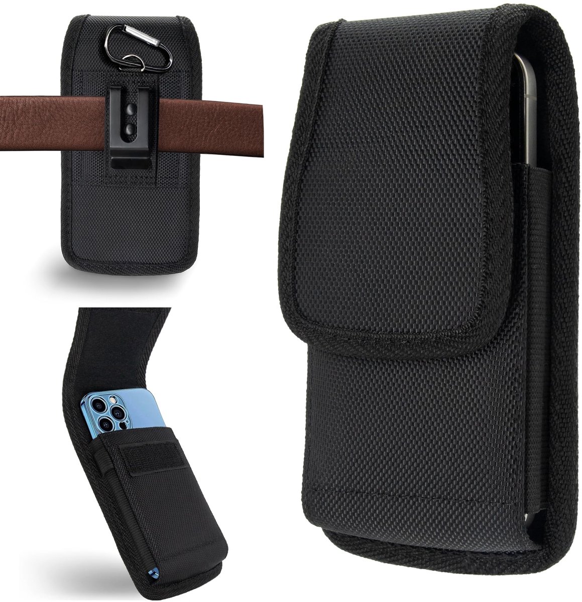 Omgoods - Nylon Telefoon Holster met Ceclip voor iPhone 15 Pro Max en Samsung S24 Plus - Universele Zwarte Case