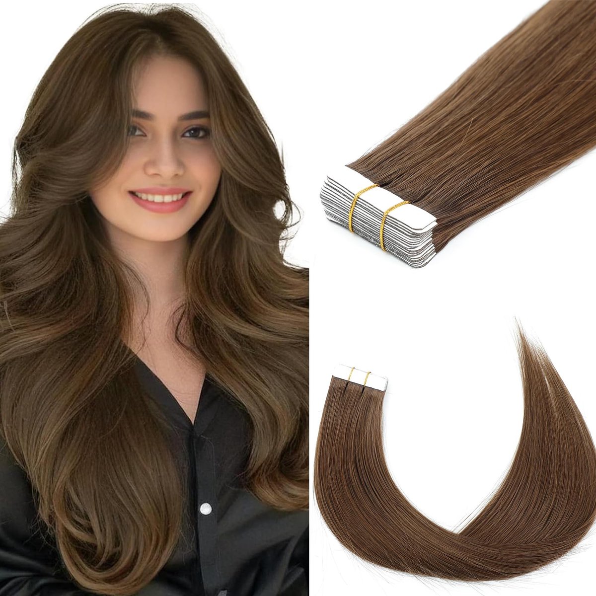 Omgoods - Tape-in Haarextensions - 100% Menselijk Haar - Onzichtbare en Naadloze Extensions (Kleur 4#, 50 cm)
