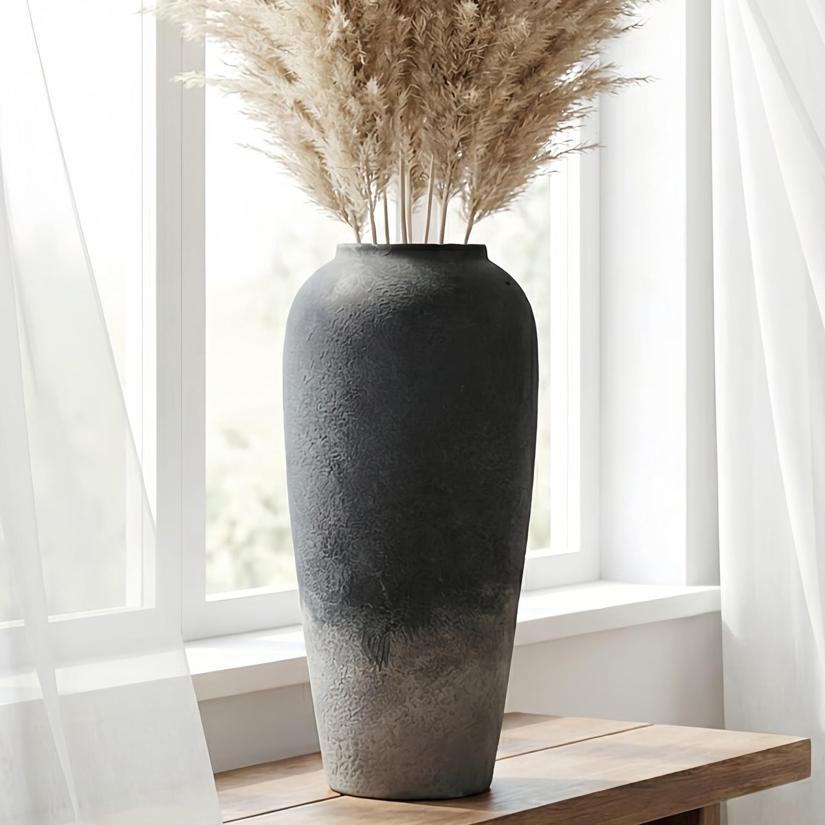 Omgoods - Grote 38cm Rustieke Keramische Vaasje - Zwart Gradiënt voor Woondecoratie