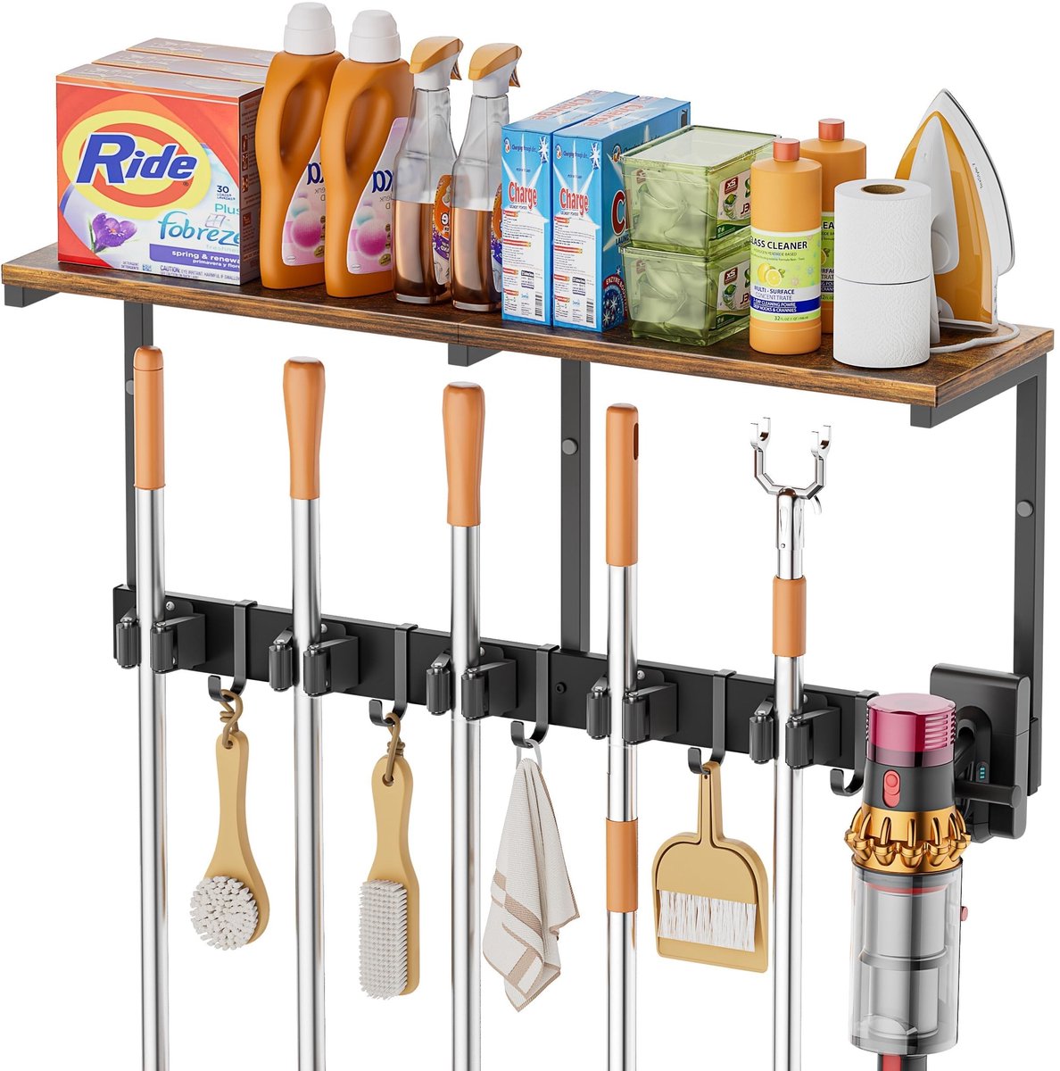 Omgoods - Wandbezemhouder met 5 vakken en 6 haken - Schoonmaakoplossing voor utility room