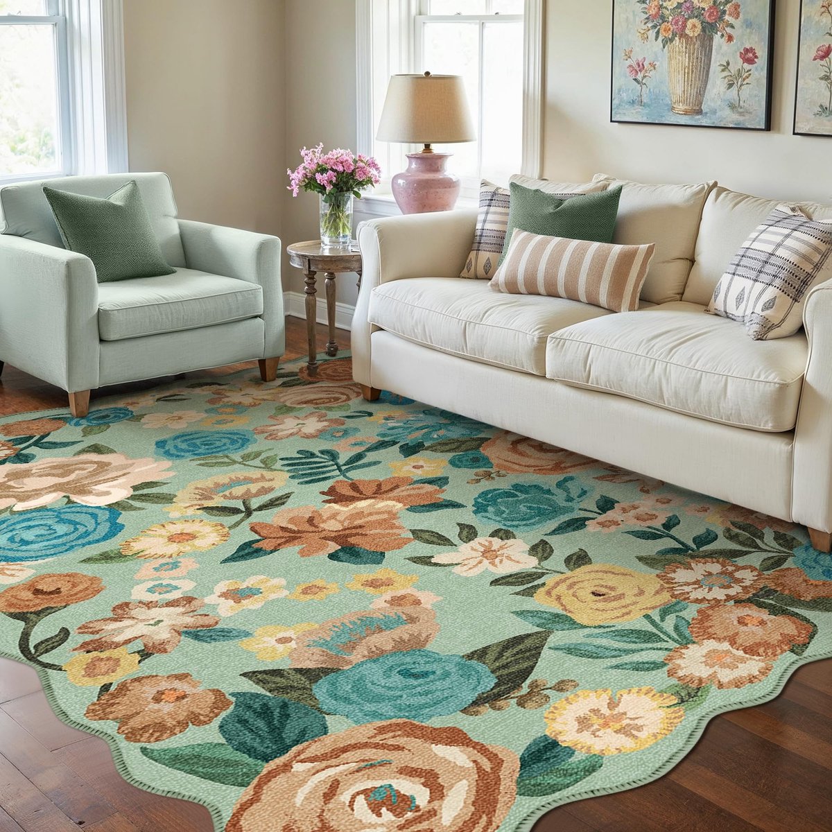 Omgoods - Bloem Vloerkleed Groen 120x170 cm - Antislip en Wasbaar