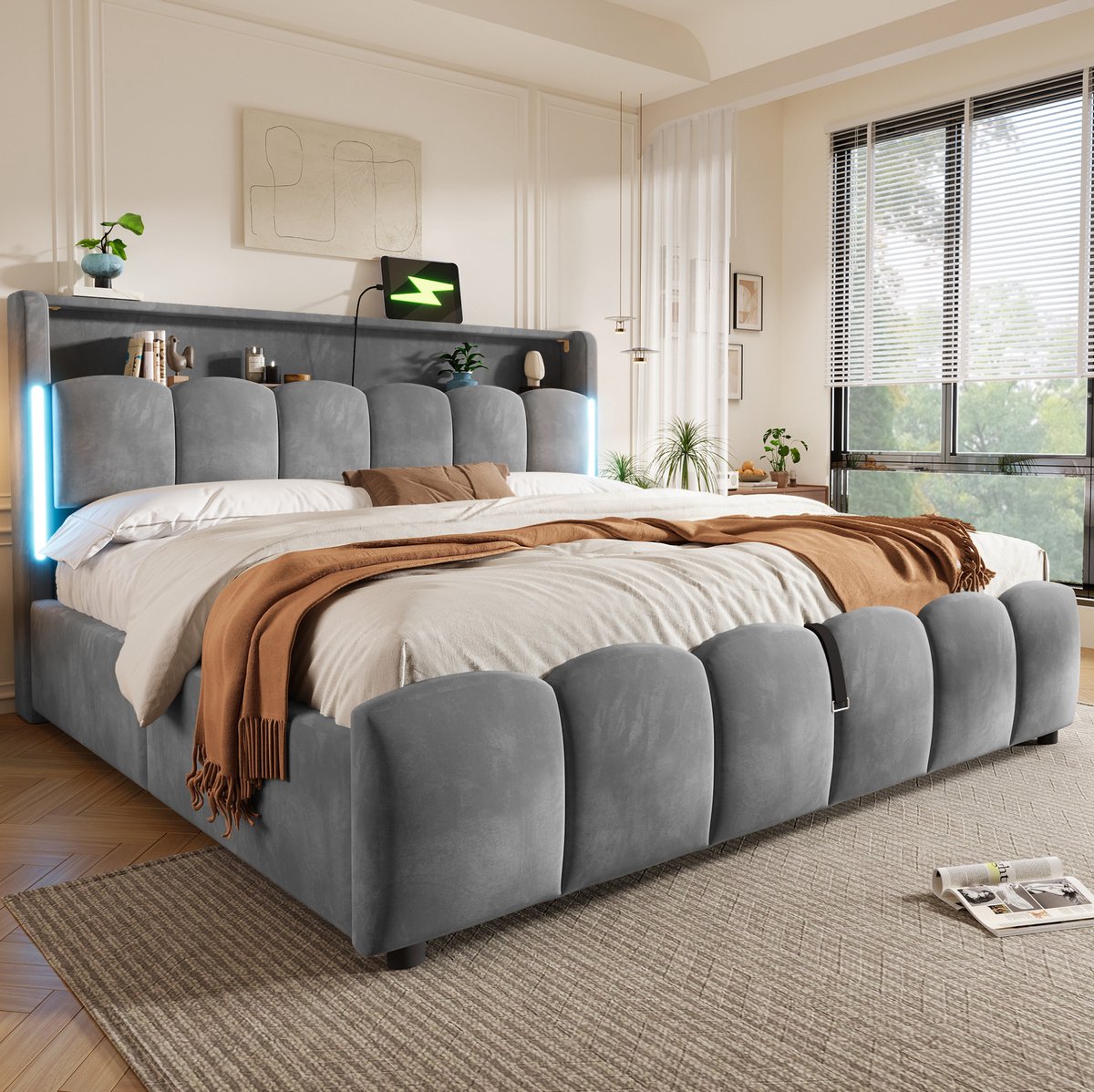 MIVRAY Bed 180x200cm - Gestoffeerd Bed Met LED Verlichting En Hoofdbord Opbergruimte - Hydraulische Opbergruimte En Usb C - Samt - Grijs