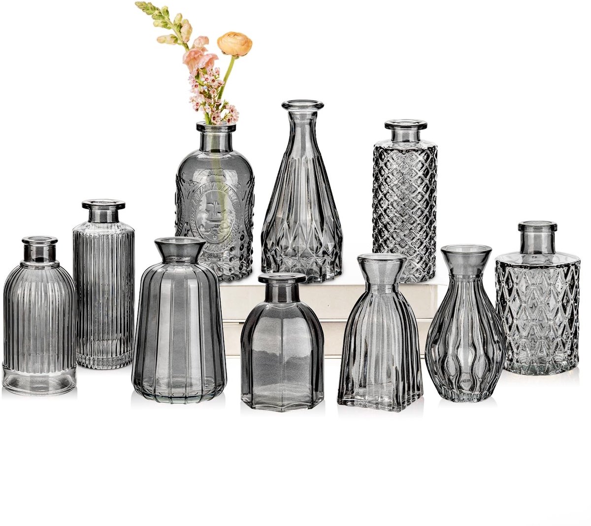 Omgoods - Set van 10 Kleine Glazen Vazen - Vintage Decoratieve Vazen voor Tafel en Bruiloften
