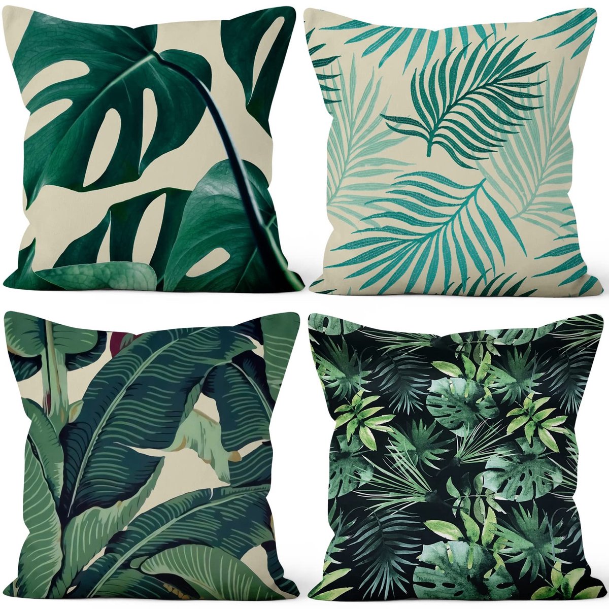 Omgoods - Set van 4 Kussenhoezen 55x55 cm - Tropische Planten met Groene Bladeren