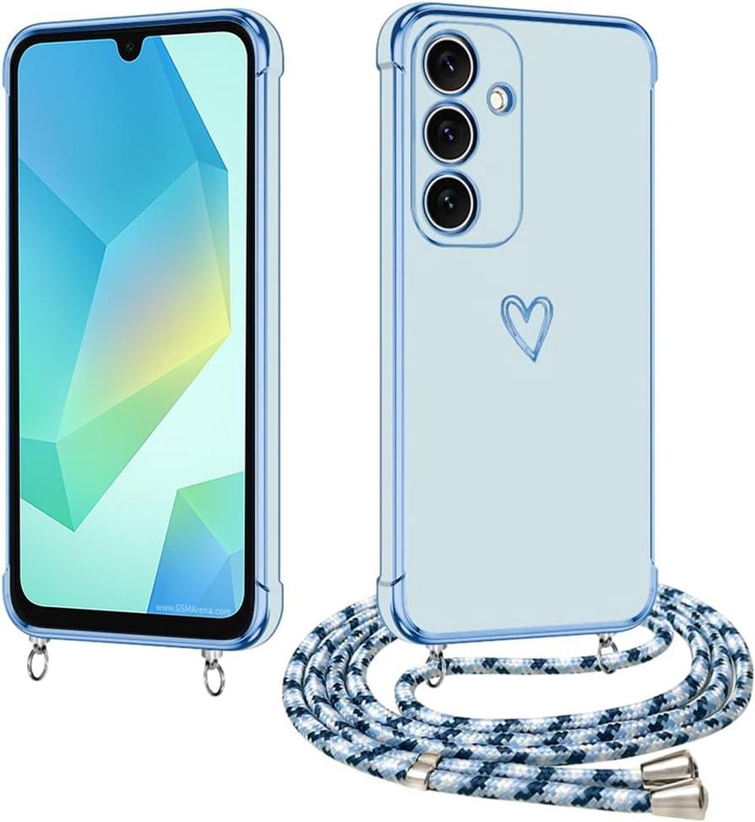 beschermhoes voor Samsung Galaxy A16 5G, hoes met band, hart Love-patroon, galvanisch siliconen hoes voor Samsung A16, beschermhoes met koord om om te hangen, camerabescherming, stootvast