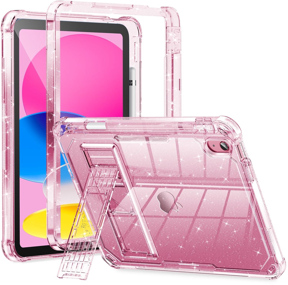 Omgoods - Kindvriendelijke Case voor iPad A16 en 10th Gen - Shockproof en Glitterend, Roze Rood
