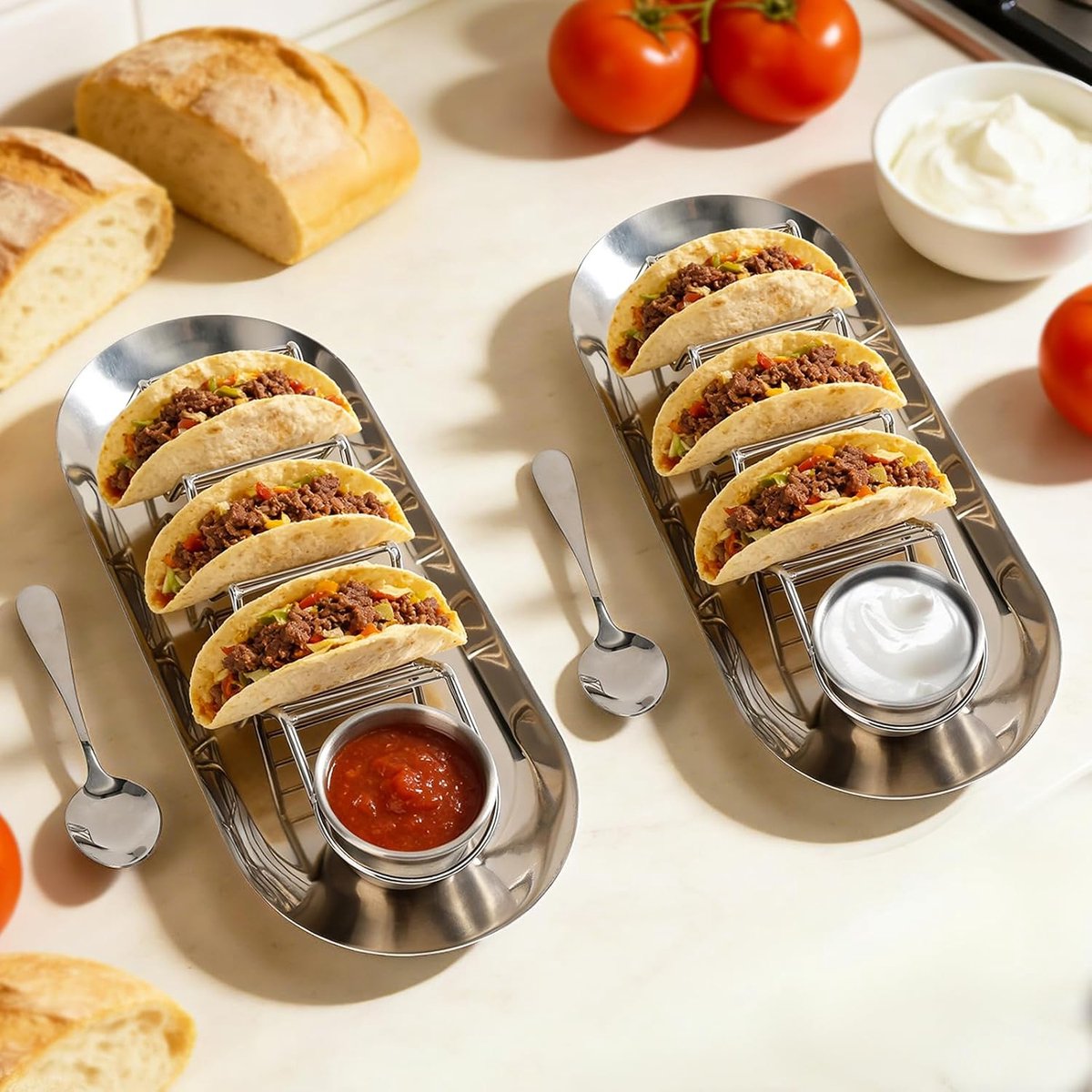 Taco Houders Set van 2 - Roestvrij Staal Taco Stand Rack met Dienblad, Sauce Cups & Lepel, voor Feest, Vaatwasser Veiligheid