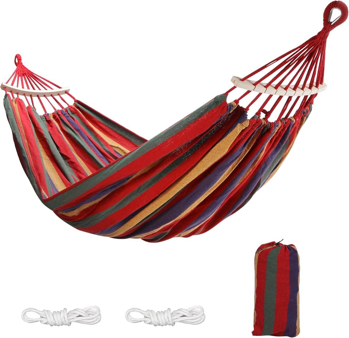 Hangmat voor 2 personen, afneembare paal, tot 350 kg, buiten | snel op te zetten, bevestigingstouw, opbergtas, tweepersoonshangmat, tuin, balkon, camping, binnen, comfortabel, kleurrijk