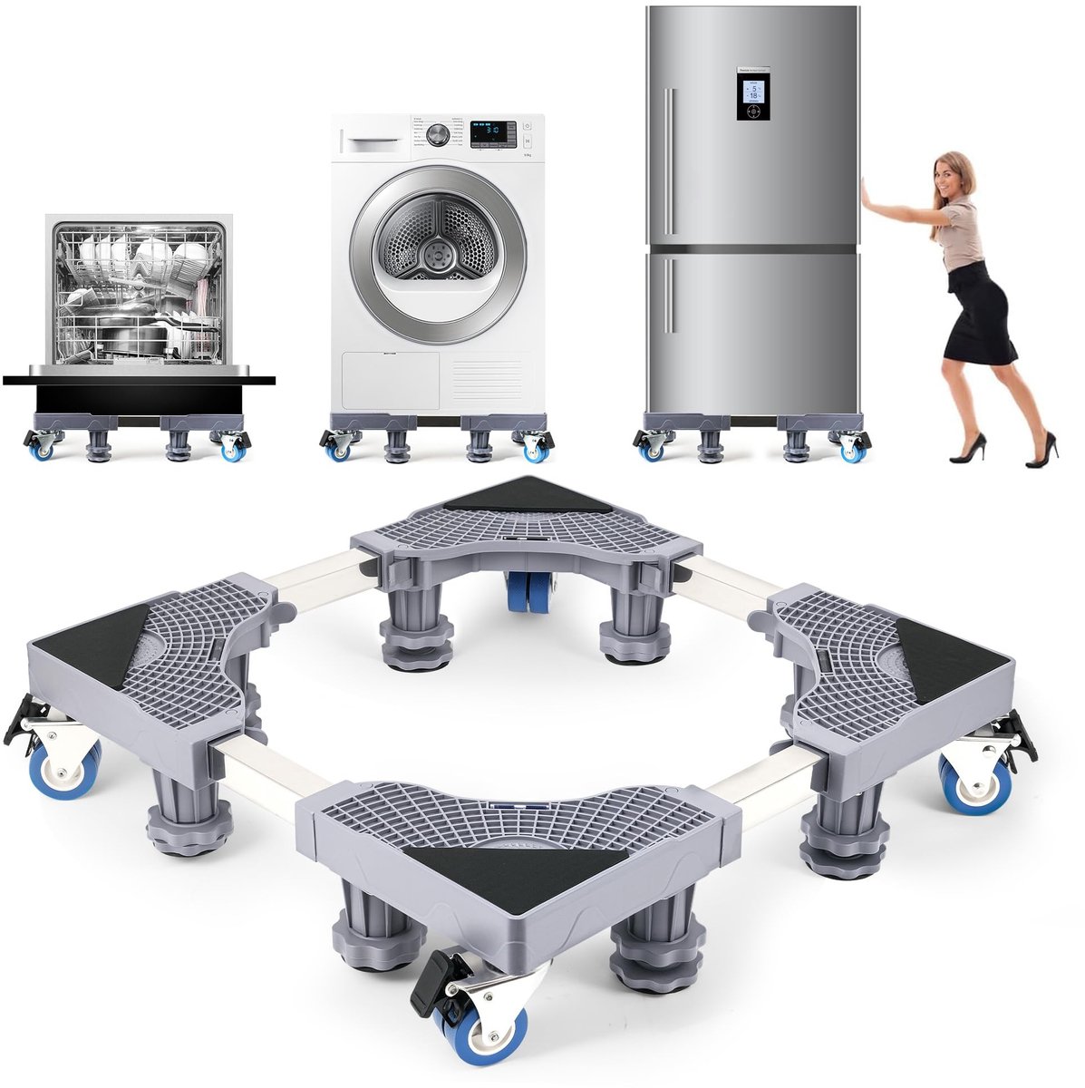 Omgoods - Wasmachine Pedestal Basis met Wielen - Verstelbare Sokkel voor Wasmachines en Koelkasten