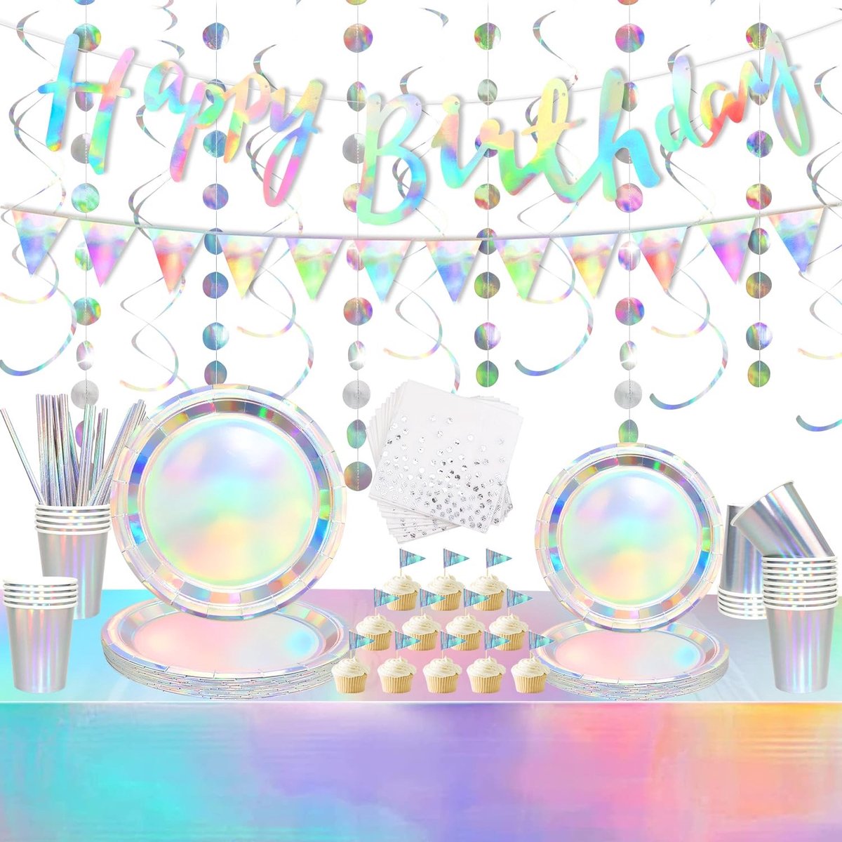 Omgoods - Iridescent Party Decorations Set - Happy Birthday Banner, Holographic Tableware voor 20 Personen