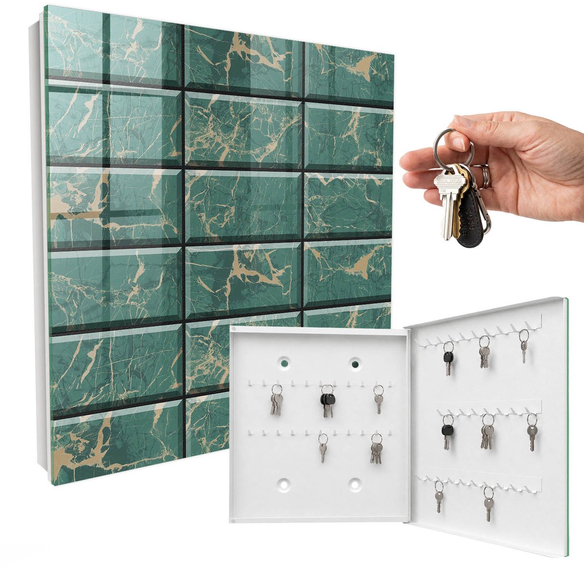 WallMuralia - Sleutelkast - 30x30x5 cm - met 50 haken - Groen Marmer Sleutelkastje Voor Binnen - Groente Sleutelbox - Rechtsopenend - Wit interieur