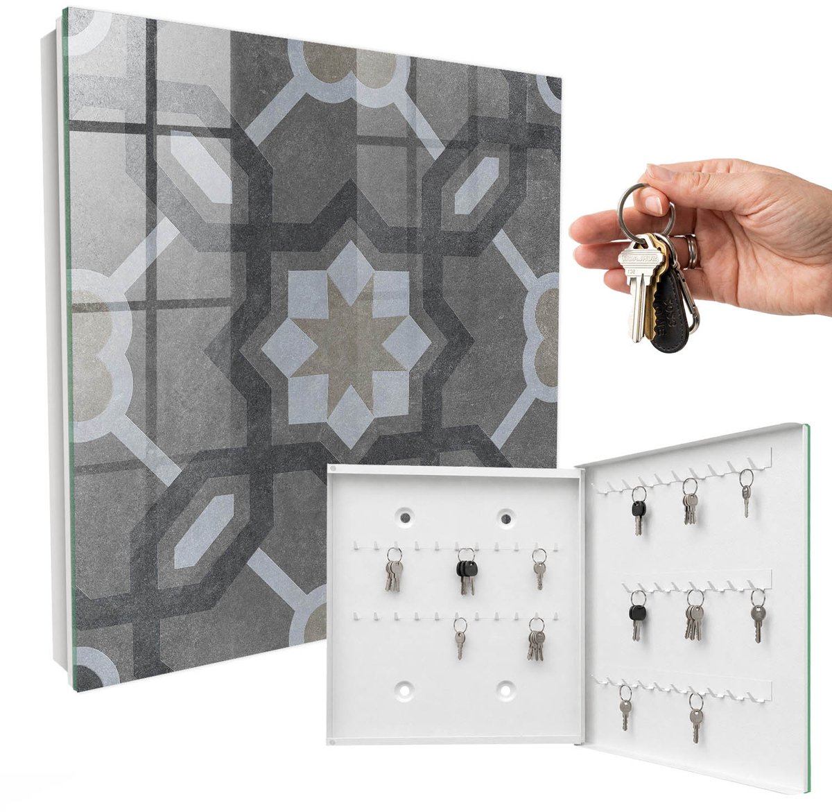 WallMuralia - Sleutelkast - 30x30x5 cm - met 50 haken - Geometrische Elegantie Design Sleutelkastje - Grijs Sleutelbox - Rechtsopenend - Wit interieur
