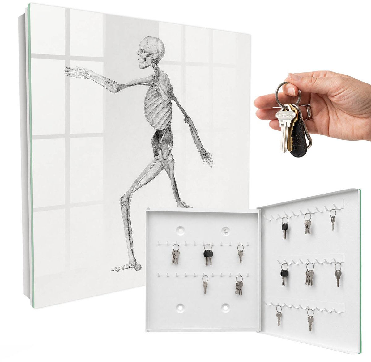 WallMuralia - Sleutelkast - 30x30x5 cm - met 50 haken - Skeletbeweging Design Sleutelkastje - Grijs Sleutelbox - Rechtsopenend - Wit interieur
