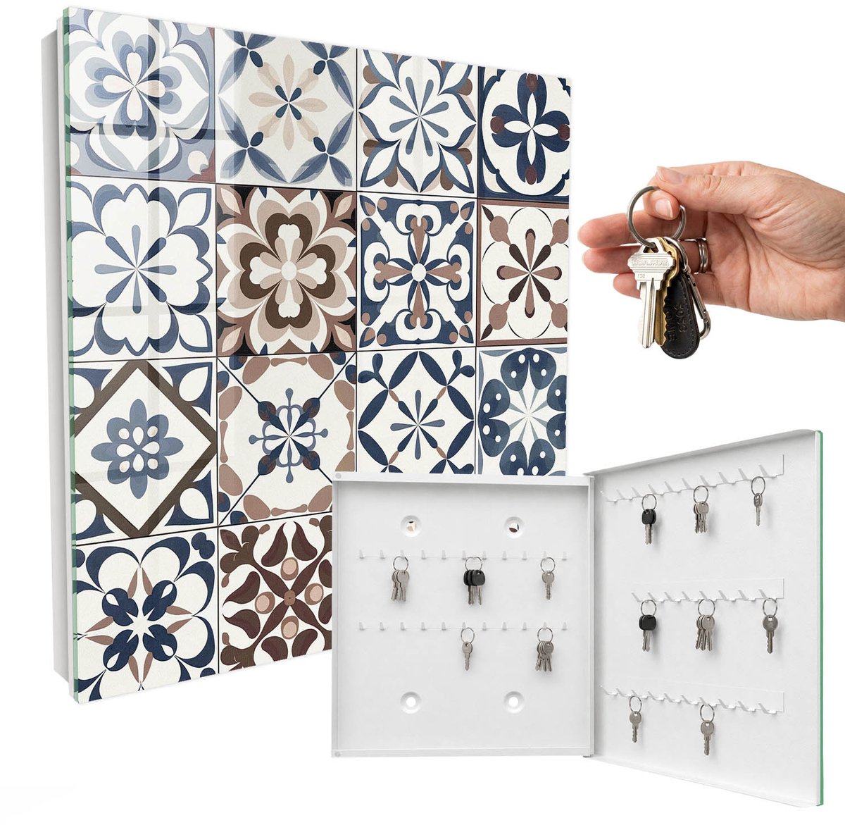 WallMuralia - Sleutelkast - 30x30x5 cm - met 50 haken - Arabesk Mozaïek Sleutelkastje Binnen - Bruin Sleutelbox - Rechtsopenend - Wit interieur