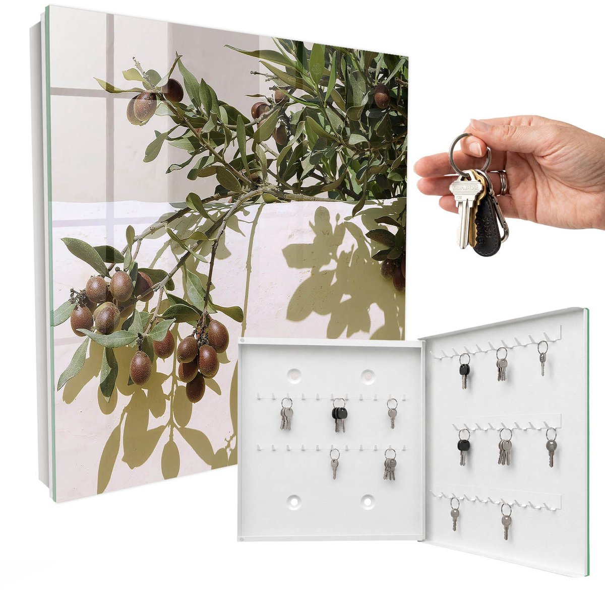 WallMuralia - Sleutelkast - 30x30x5 cm - met 50 haken - Olijftak Leuk Sleutelkastje - Groente Sleutelbox - Rechtsopenend - Wit interieur