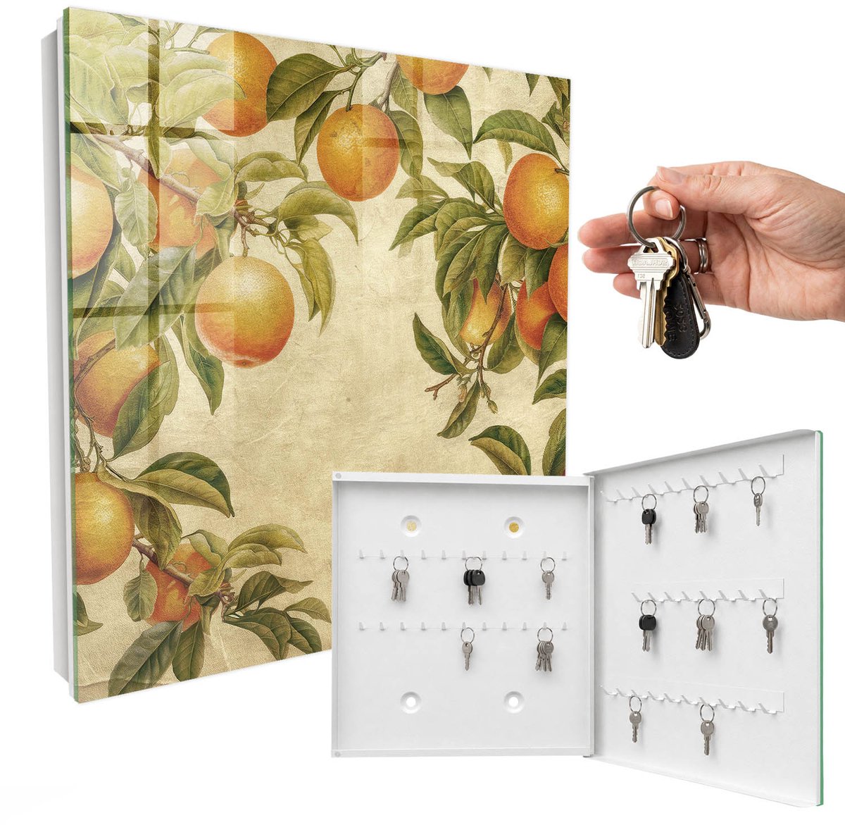 WallMuralia - Sleutelkast - 30x30x5 cm - met 50 haken - Sinaasappels Natuur Sleutelkastje Gang - Oranje Sleutelbox - Rechtsopenend - Wit interieur
