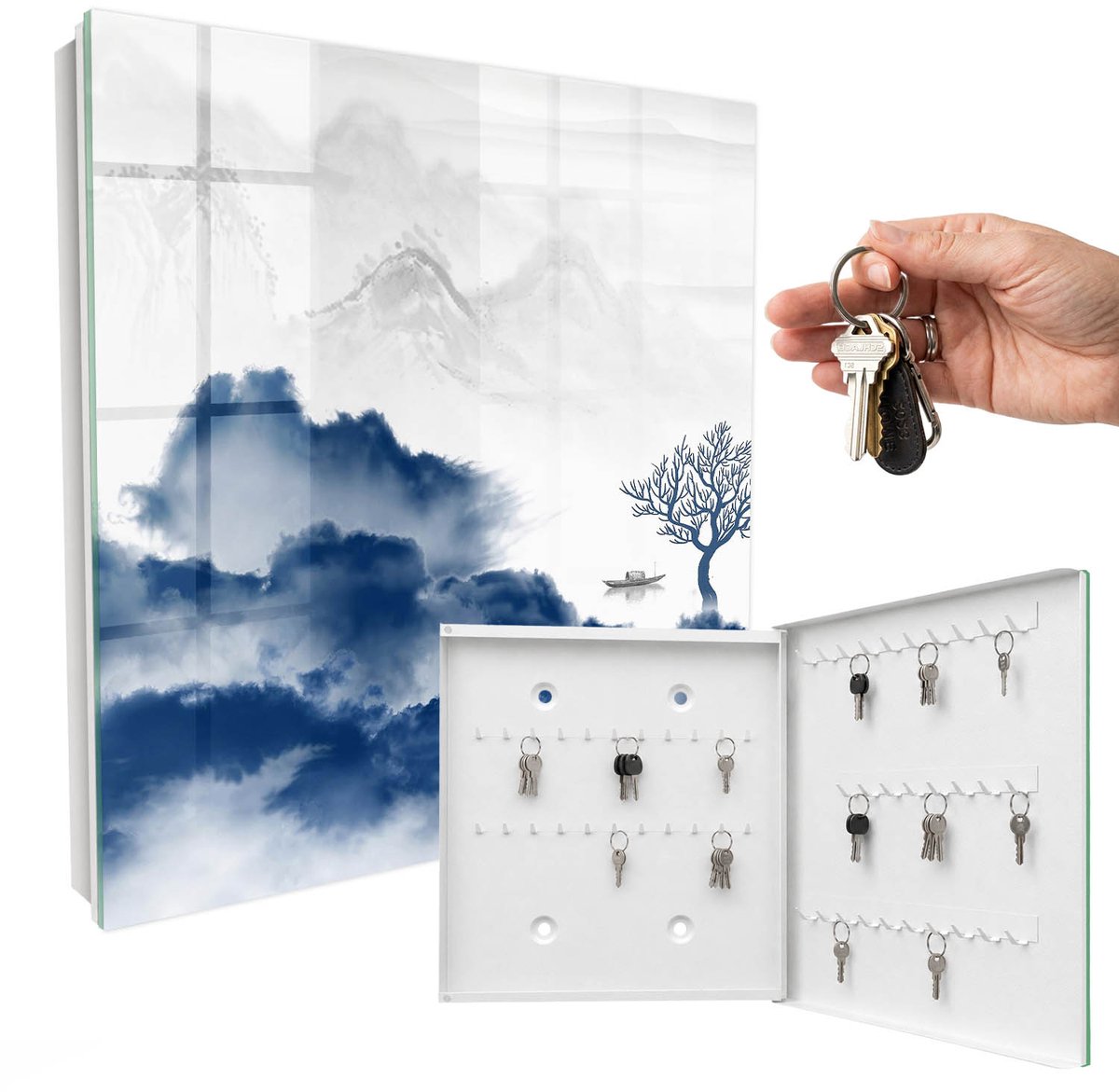 WallMuralia - Sleutelkast - 30x30x5 cm - met 50 haken - Mysterieuze Bergen Sleutelkastje Binnen - Blauw Sleutelbox - Rechtsopenend - Wit interieur