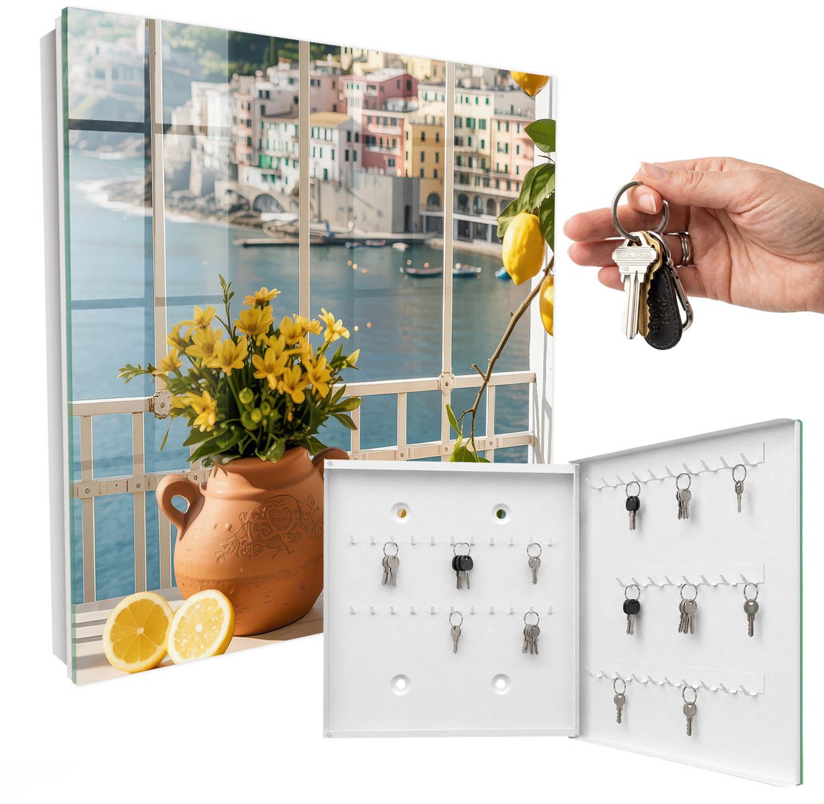 WallMuralia - Sleutelkast - 30x30x5 cm - met 50 haken - Vakantielandschap Sleutelkastje Design - Blauw Sleutelbox - Rechtsopenend - Wit interieur