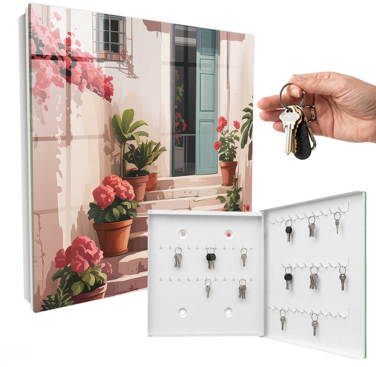 WallMuralia - Sleutelkast - 30x30x5 cm - met 50 haken - Bloemen Trap Sleutelkastje Muur - Romig Sleutelbox - Rechtsopenend - Wit interieur