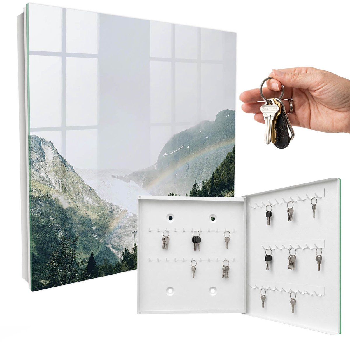 WallMuralia - Sleutelkast - 30x30x5 cm - met 50 haken - Regenbooggebergte Leuk Sleutelkastje - Groente Sleutelbox - Rechtsopenend - Wit interieur
