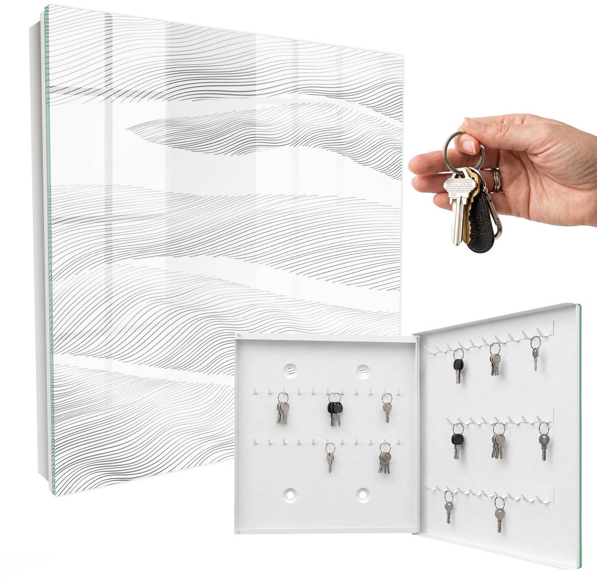 WallMuralia - Sleutelkast - 30x30x5 cm - met 50 haken - Lijngolven Design Sleutelkastje - Zwart Sleutelbox - Rechtsopenend - Wit interieur