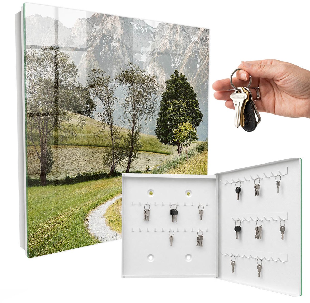 WallMuralia - Sleutelkast - 30x30x5 cm - met 50 haken - Berglandschap Groot Sleutelkastje - Groente Sleutelbox - Rechtsopenend - Wit interieur