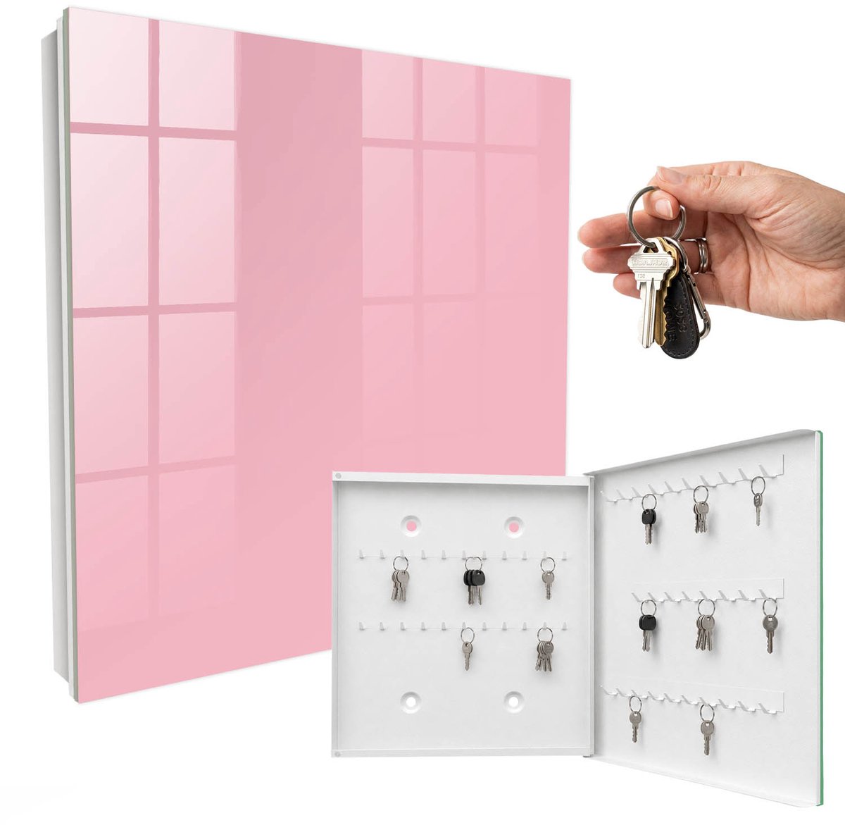 WallMuralia - Sleutelkast - 30x30x5 cm - met 50 haken - Lichtroze Sleutelkastje Muur - Roze Sleutelbox - Rechtsopenend - Wit interieur