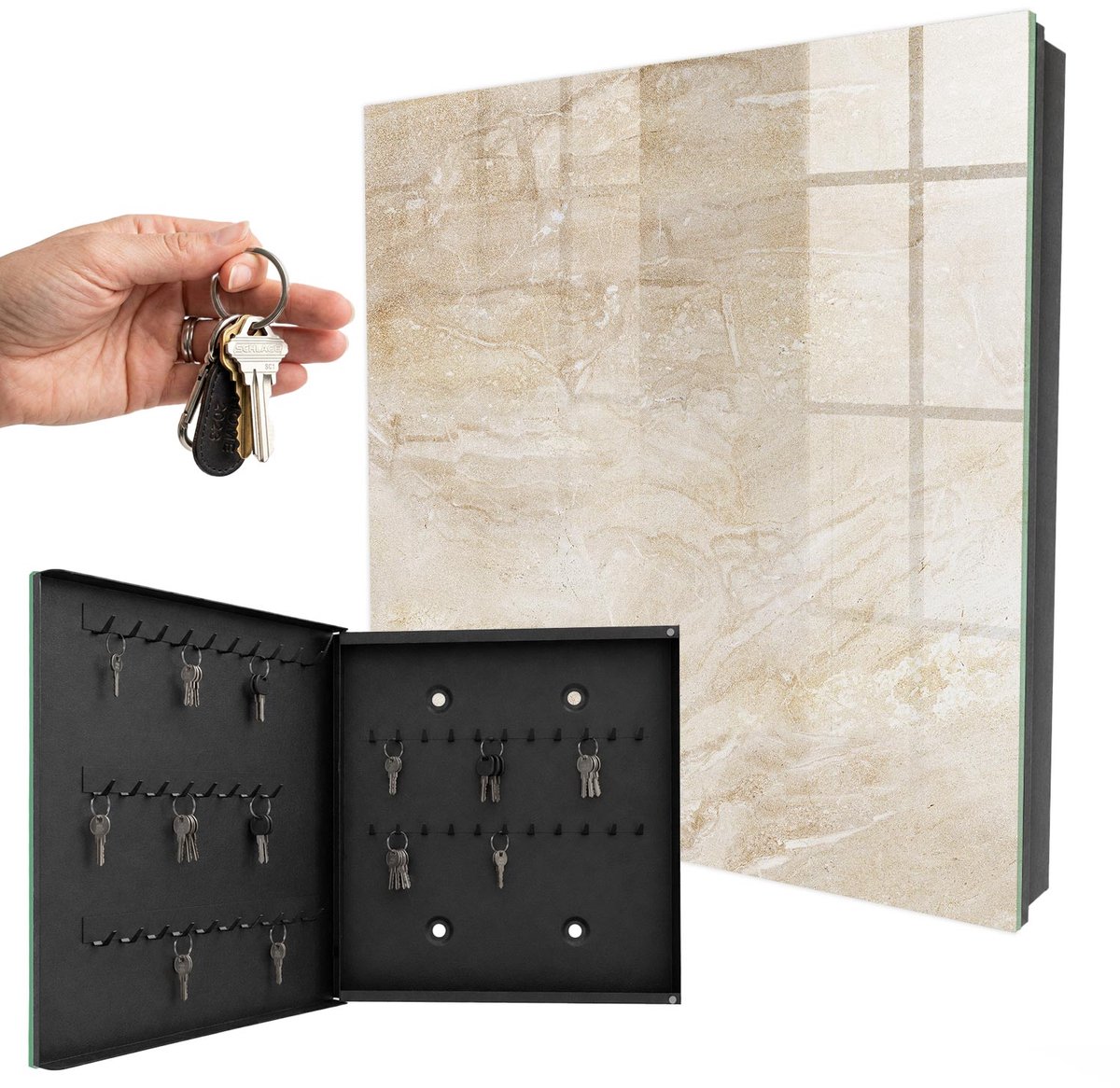 WallMuralia - Sleutelkast - 30x30x5 cm - met 50 haken - Beige Marmer Sleutelkastje Binnen - Beige Sleutelbox - Linksopenend - Zwart interieur
