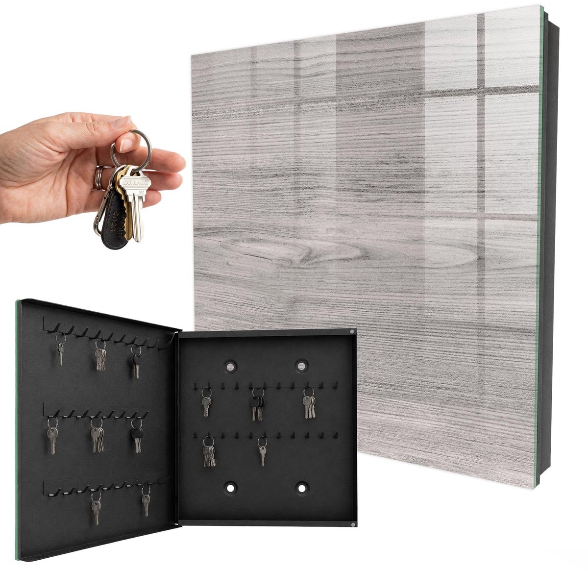 WallMuralia - Sleutelkast - 30x30x5 cm - met 50 haken - Grijs Hout Leuk Sleutelkastje - Grijs Sleutelbox - Linksopenend - Zwart interieur