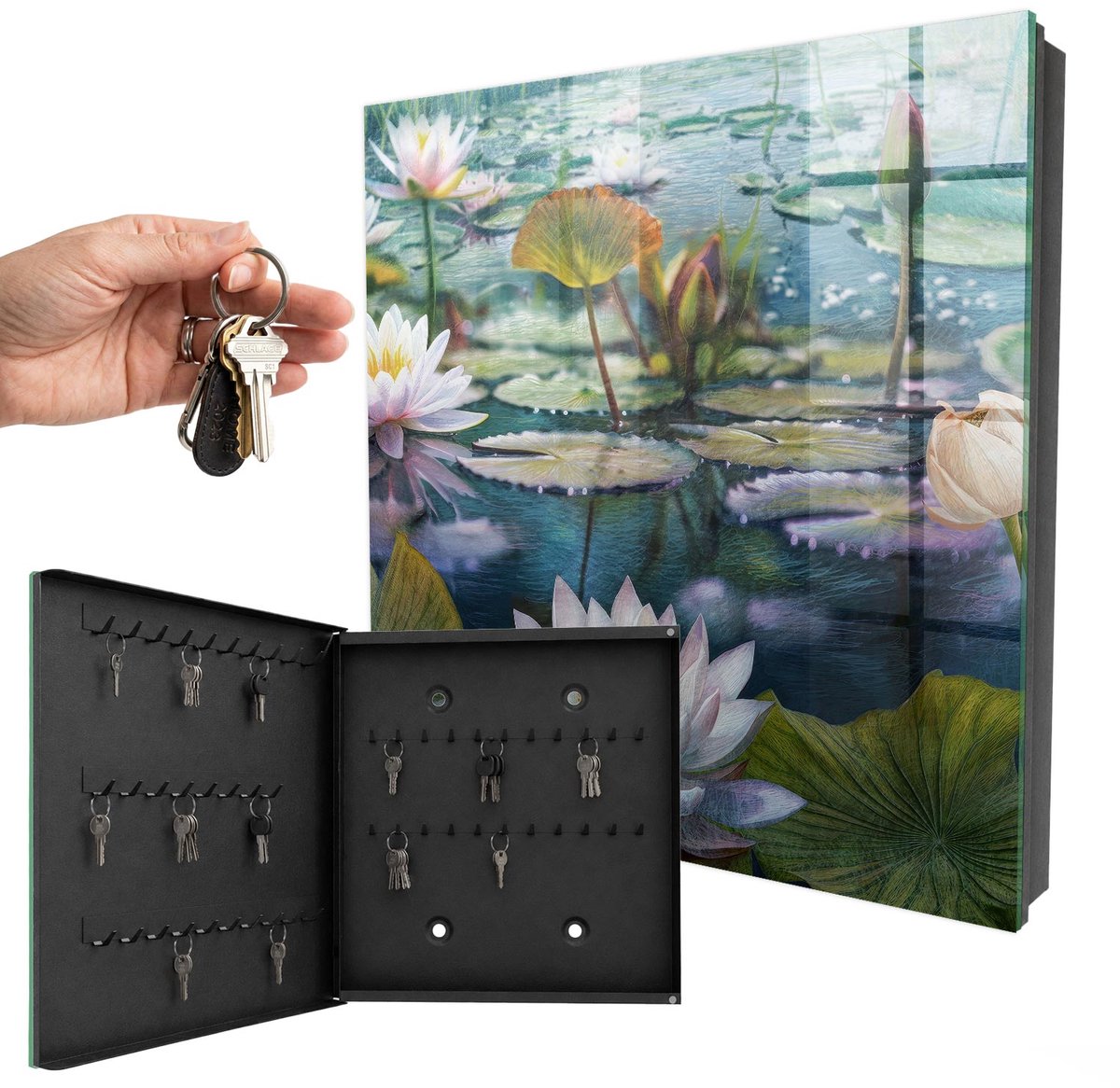 WallMuralia - Sleutelkast - 30x30x5 cm - met 50 haken - Waterbloemen Sleutelkastje Hal - Groente Sleutelbox - Linksopenend - Zwart interieur
