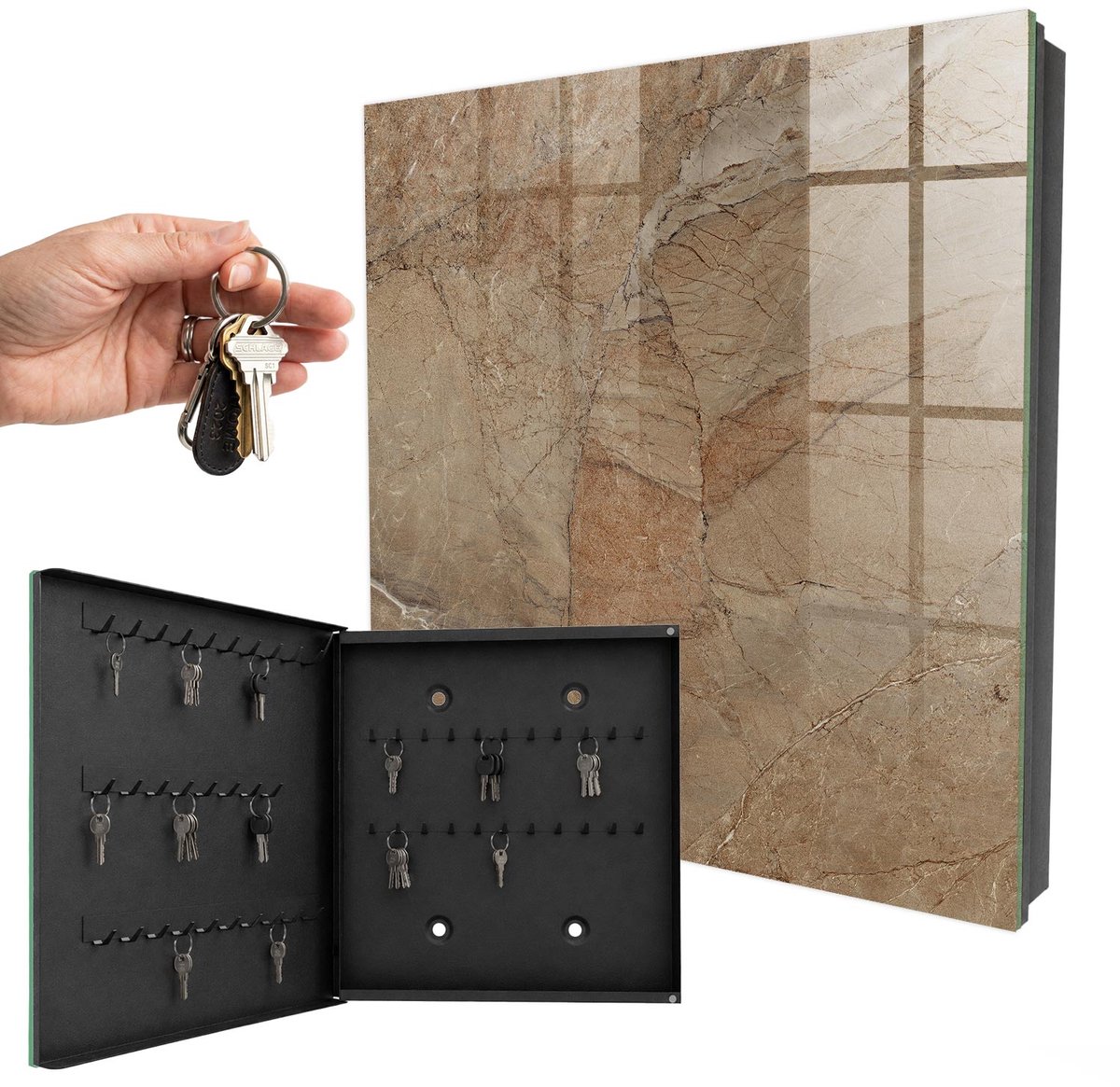 WallMuralia - Sleutelkast - 30x30x5 cm - met 50 haken - Steenstructuur Sleutelkastje Gang - Bruin Sleutelbox - Linksopenend - Zwart interieur