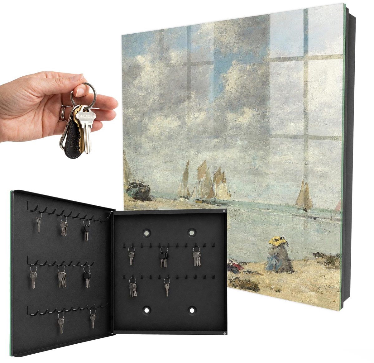 WallMuralia - Sleutelkast - 30x30x5 cm - met 50 haken - Zeilboten Sleutelkastje Design - Blauw Sleutelbox - Linksopenend - Zwart interieur