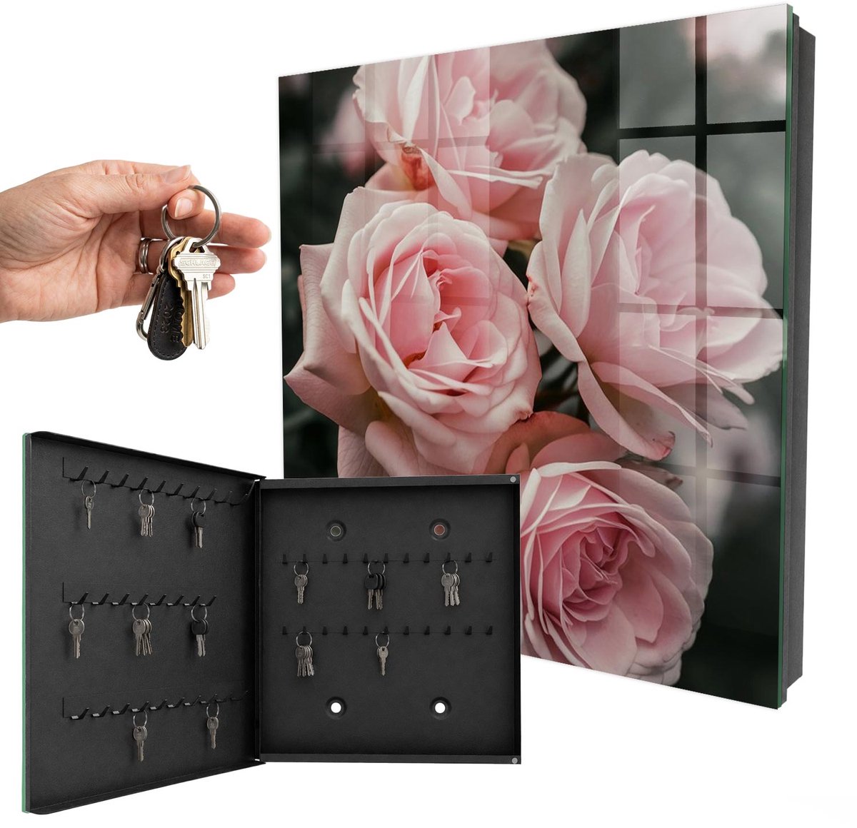 WallMuralia - Sleutelkast - 30x30x5 cm - met 50 haken - Roze Rozen Sleutelkastje Klein - Roze Sleutelbox - Linksopenend - Zwart interieur