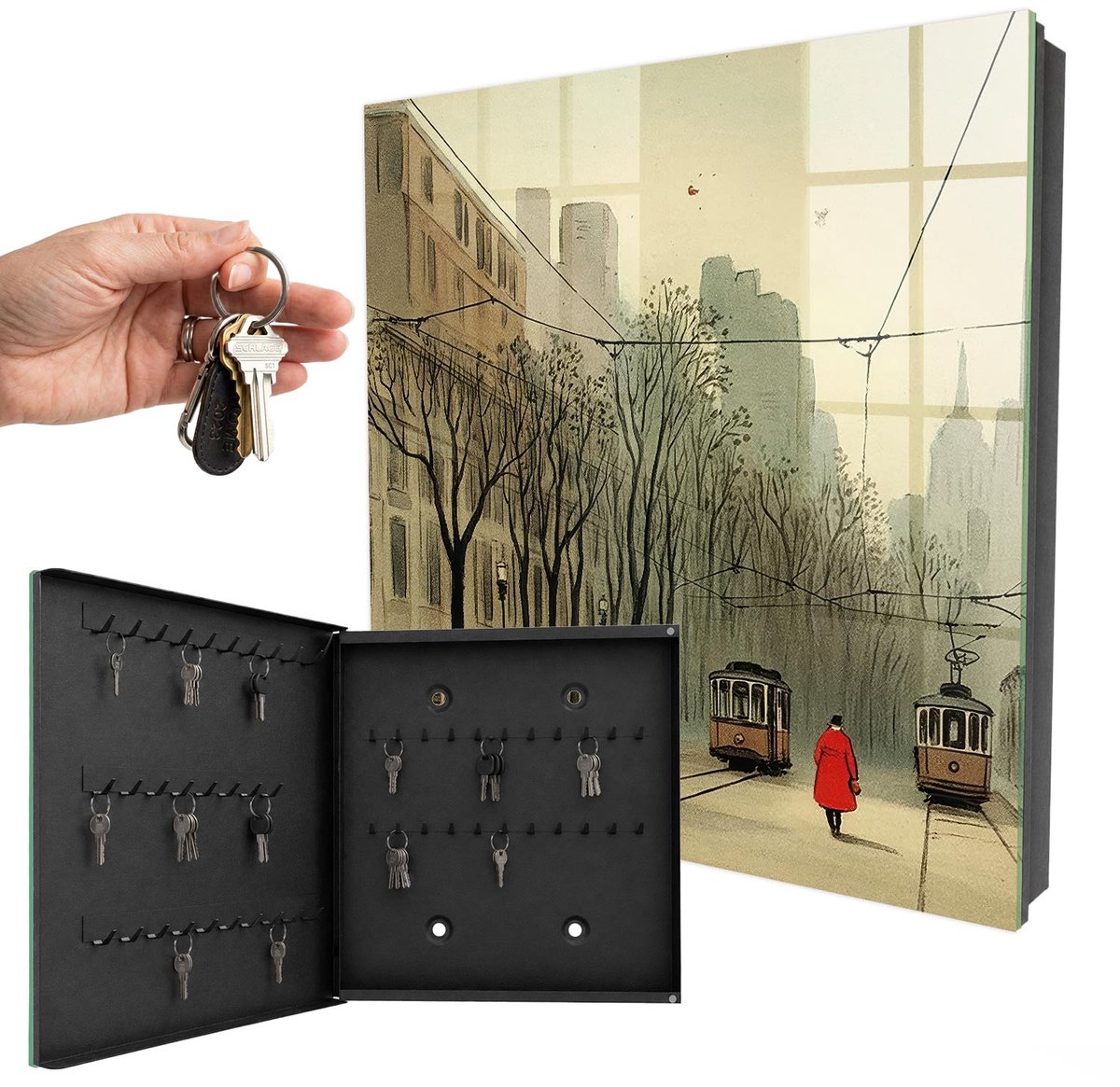 WallMuralia - Sleutelkast - 30x30x5 cm - met 50 haken - Stadswandeling Sleutelkastje Voor Binnen - Beige Sleutelbox - Linksopenend - Zwart interieur