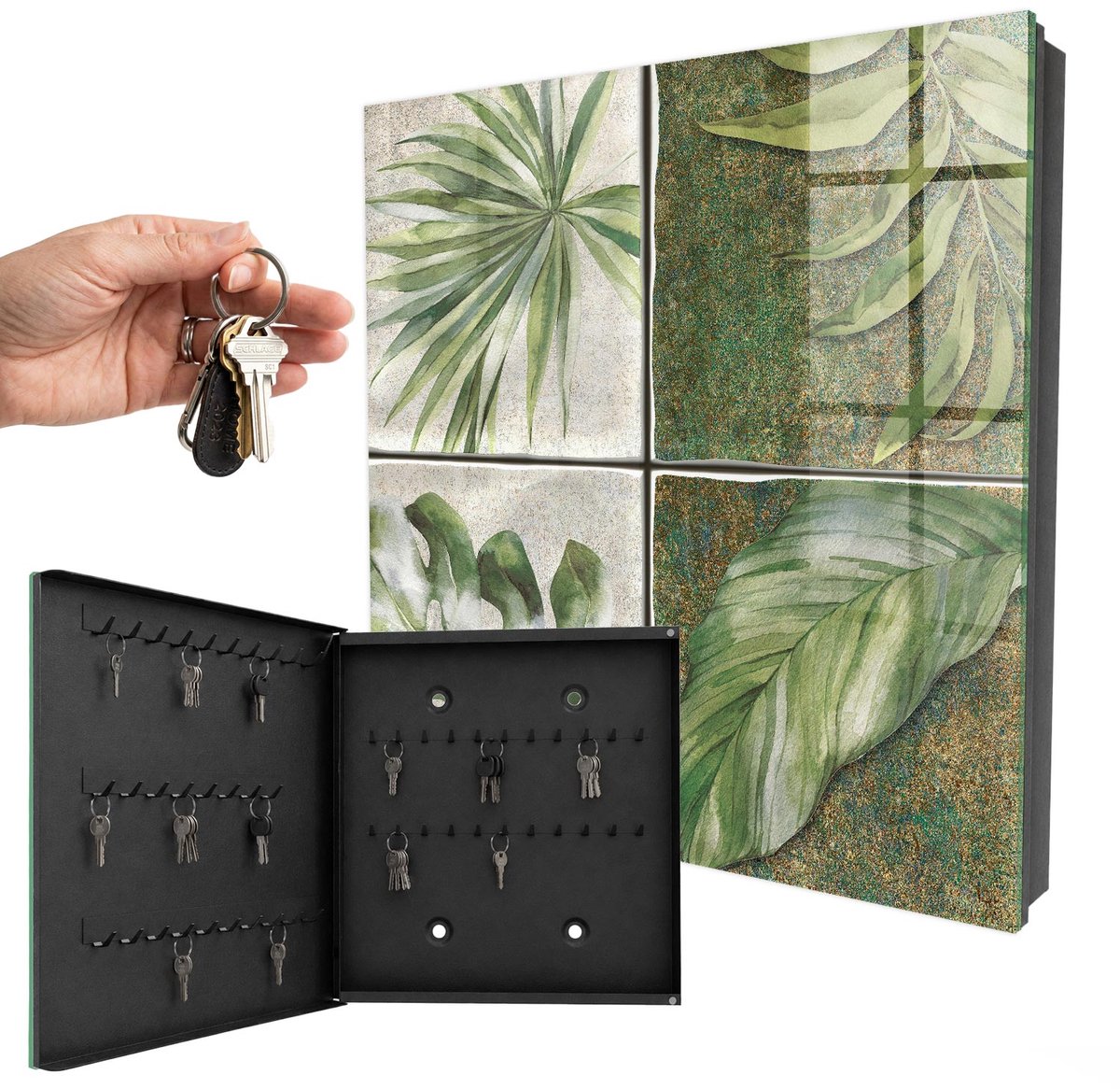 WallMuralia - Sleutelkast - 30x30x5 cm - met 50 haken - Plantentegels Sleutelkastje Voor Binnen - Groente Sleutelbox - Linksopenend - Zwart interieur