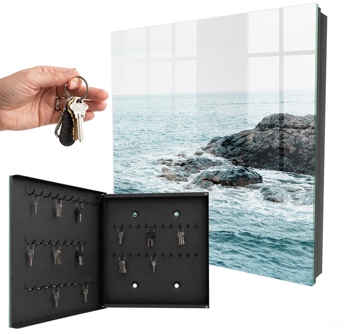 WallMuralia - Sleutelkast - 30x30x5 cm - met 50 haken - Zeegolven Groot Sleutelkastje - Turkoois Sleutelbox - Linksopenend - Zwart interieur