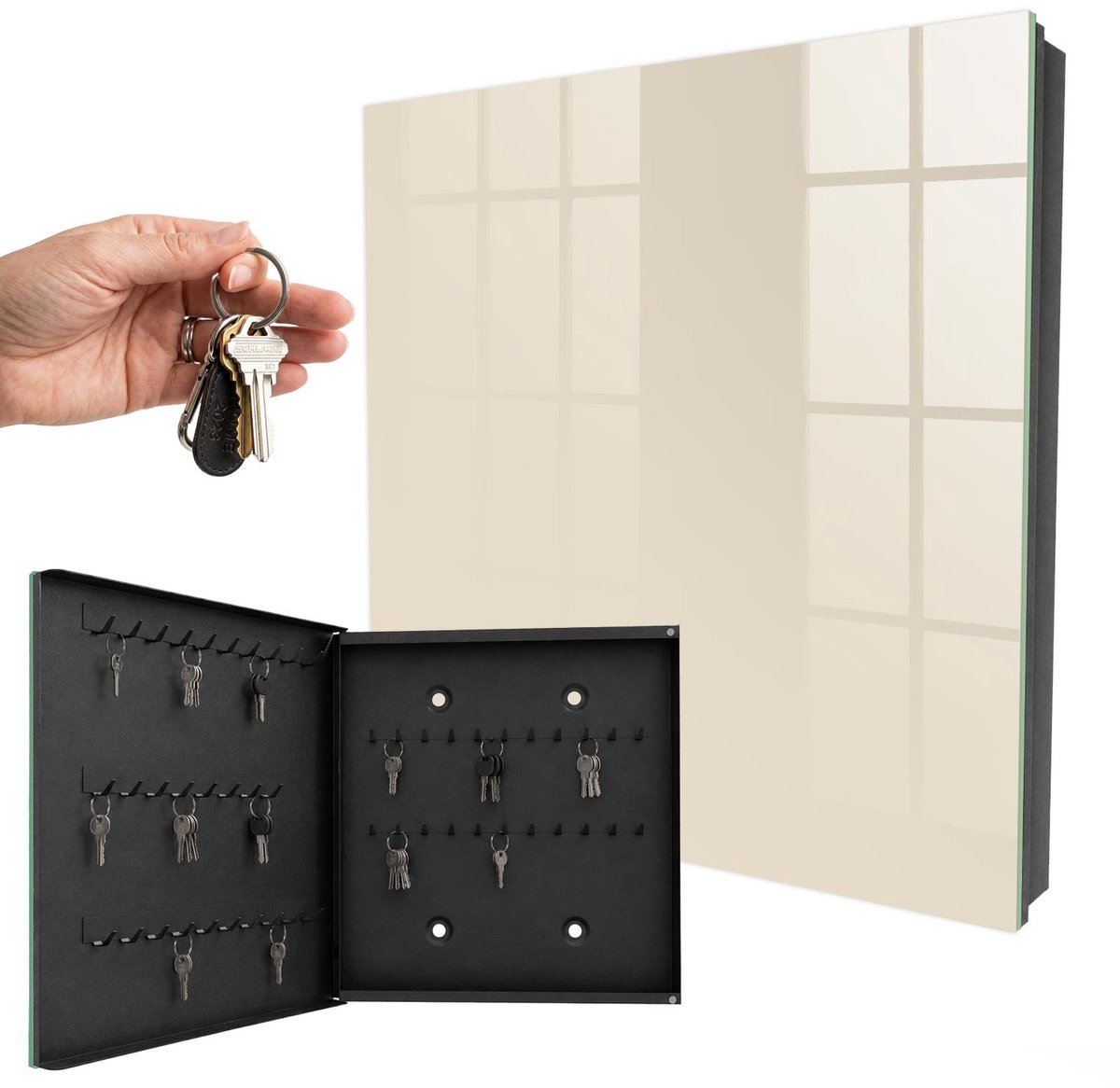 WallMuralia - Sleutelkast - 30x30x5 cm - met 50 haken - Lichte Steen Sleutelkastje Voor Binnen - Romig Sleutelbox - Linksopenend - Zwart interieur