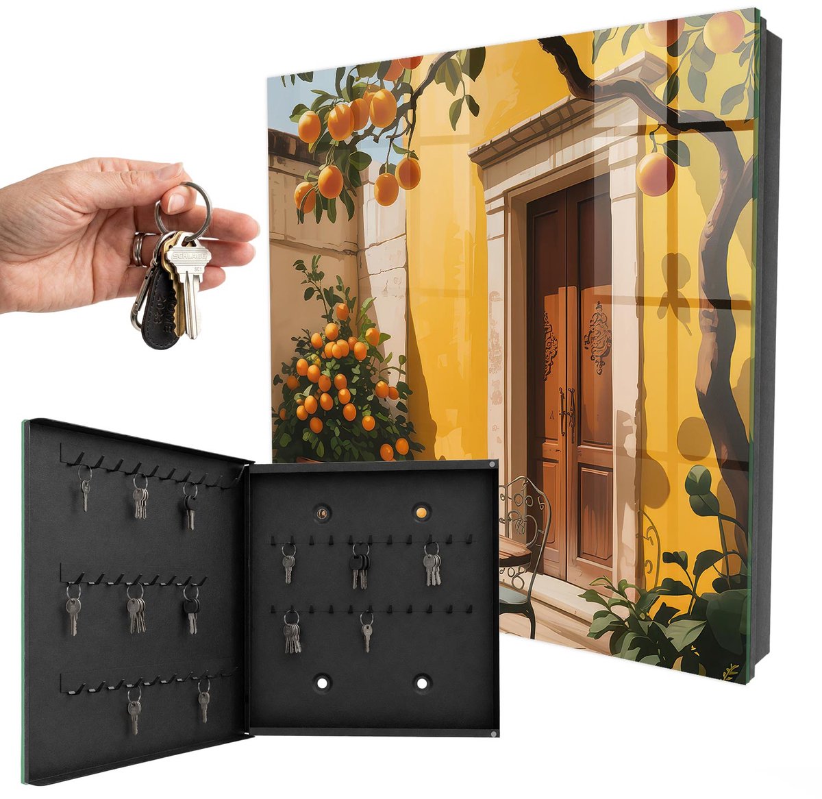 WallMuralia - Sleutelkast - 30x30x5 cm - met 50 haken - Oranje Terras Sleutelkastje Hal - Geel Sleutelbox - Linksopenend - Zwart interieur